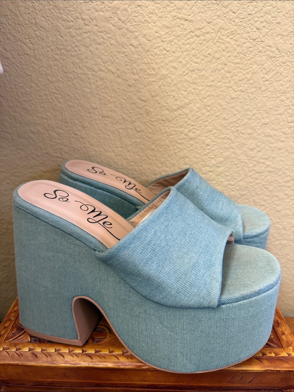 So Me Teal Denim Platform Slide Heels